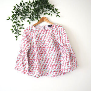 Brooks Brothers Women's Red Blue Dancing Lady Print Bell Sleeve Top Size 2